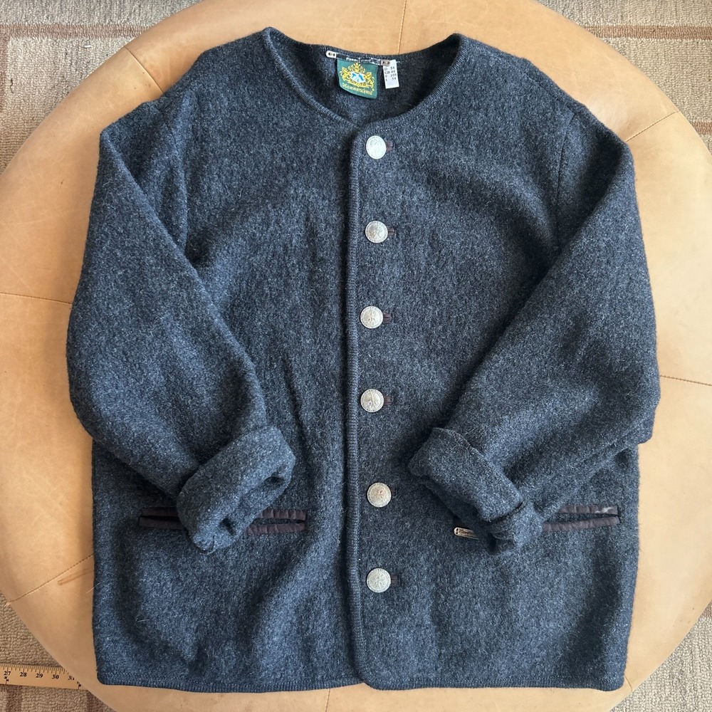 Vintage German Wool Cardigan Jacket Womens XL Lagenlook Alpine Coin Button Gray